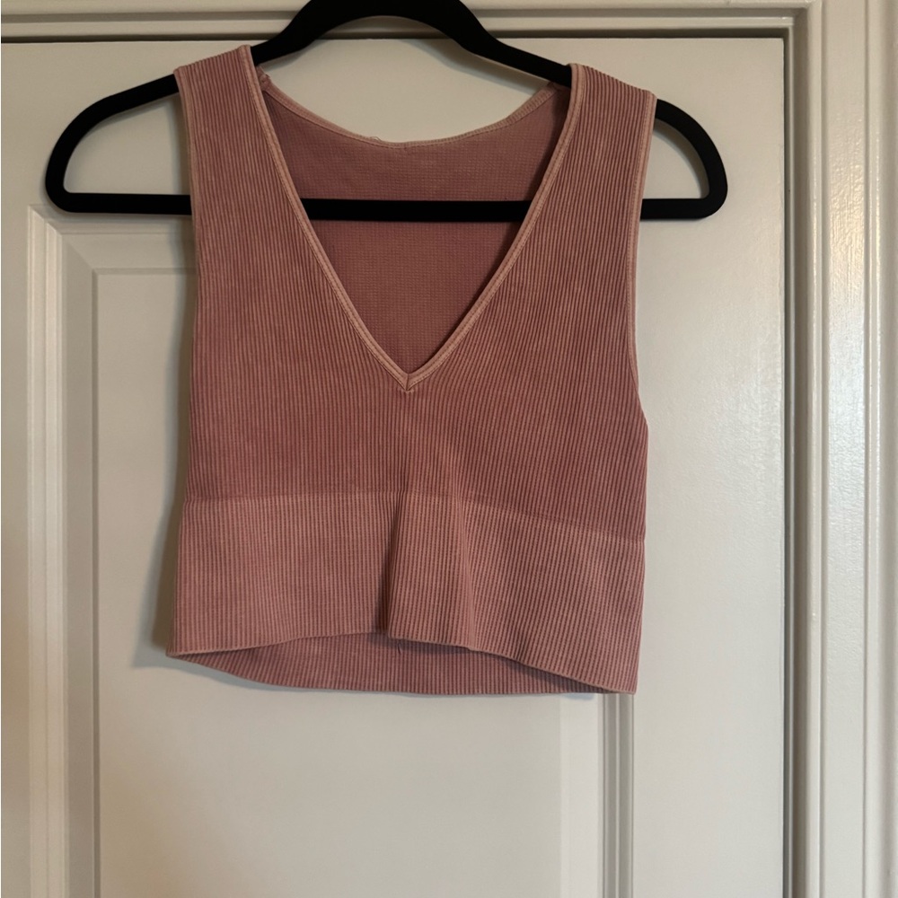Pink Ribbed V-Neck Crop Top